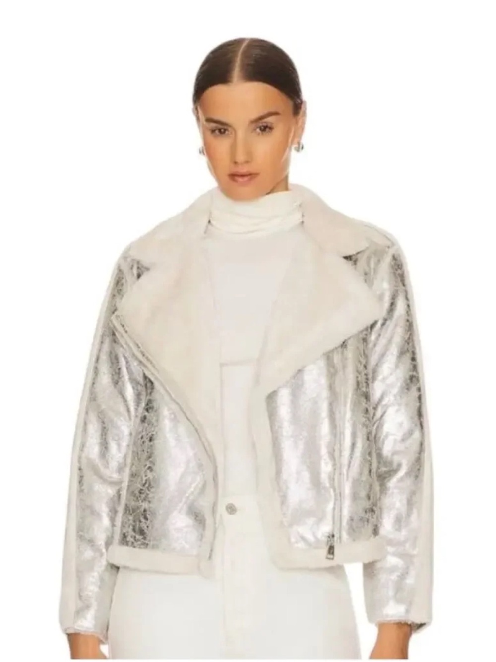 Adrienne Landau Moonstone Faux Shearling Jacket in Metallic Silver M $695